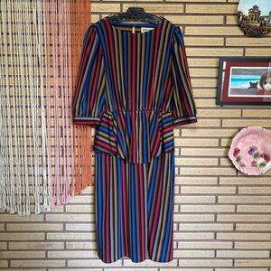 70's Yves Venet Striped Peplum Dress - Size 12 - 14 - Formal - Office Dress